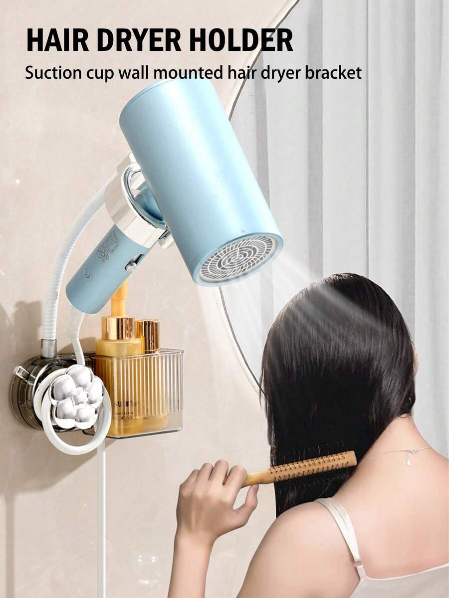 Hair Dryer Holder, Hands-Free Wall Mount Suction Cup Hair Dryer Bracket, Storage Rack, No-Drill Bathroom Organizer Shelf, Multi-Function Hair Dryer Storage Rack