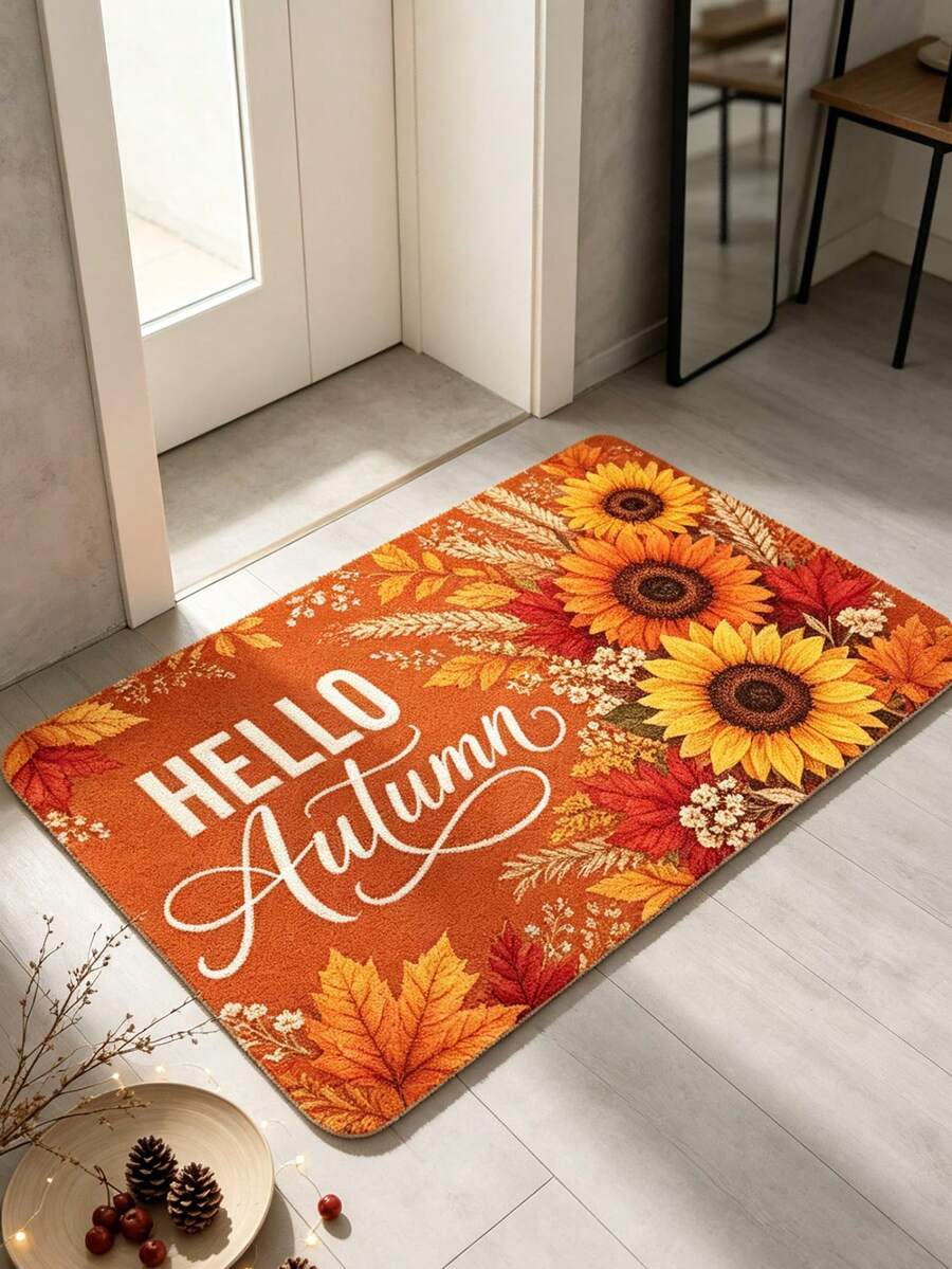 1pc Orange Sunflower Autumn/Winter Doormat, Decorative Floor Mat, Entryway Mat, Door Mat, Small Rug, Welcome Mat, Carpet, Kitchen Rug, Home Decor, Front Door Mat, Area Rug, Area Carpet - Multicolor - View 1