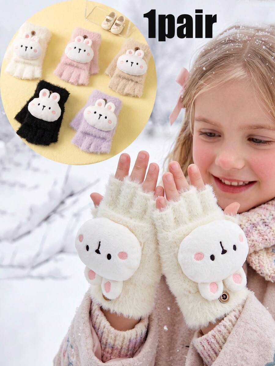 1 Pair 5-15Y Girls Cute 3D Rabbit Flap Half-Finger Plush Gloves, Sweet Accessory, Mid-To-Large Kids, Girls, Autumn/Winter Half-Warm Half-Length Gloves With Exposed Fingers - 1Pair - View 1