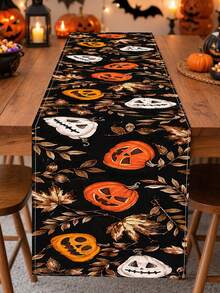 1pc Fall Halloween Pumpkin Linen Table Runner, Rustic Nature Rectangular Table Decor With Pumpkin, Autumn Leaves And Dark Background Print, Seasonal Tabletop Decoration For Kitchen And Home - Multicolor - View 13