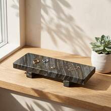 1pc Dual-Foot Design Natural Marble Tray, 5 Colors Available, Jewelry Storage, Bathroom/Entryway/Desktop Luxury Decor - Black - View 3
