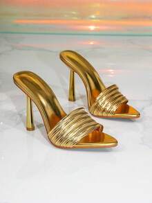 Women's Gold Decorative Pyramid High Heel Mule Sandals, Glamorous Party High Heel Sandals - Gold - View 2