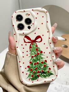 Christmas Tree & Small Heart Pattern Phone Case, Wavy Design Full Coverage Shockproof Soft Shell Compatible With Apple 17 16 15 14 13 12 11 Pro Max - Multicolor - View 4