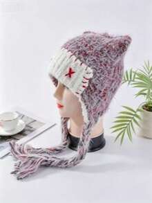 1pc Women's Dopamine Color Little Devil Ear Warmer Headwear, Handmade Contrast Color Tassel Braid Beanie, Autumn/Winter - Multicolor - View 4