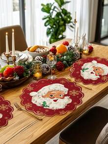 1/2/4pcs Linen Round Placemats, With Santa Claus And Christmas Snowflake Pattern, 38cm Diameter Large Size Round Family Gathering Dining Mats, Christmas Tree Snowflake Gift Pattern, Christmas Print, Suitable For Kitchen And Dining Room Decoration, Christmas Holiday Family Party Gathering Use, Utensils Not Included - Santa Claus - View 8