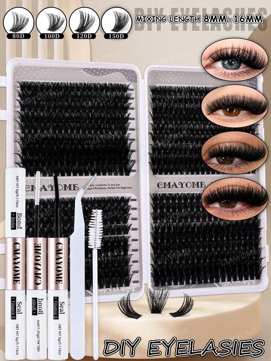CMAYOME Large Capacity Eyelash Set, 666pcs D Curl Cluster Lashes, 8–16mm, Soft Fluffy Single Cluster Design, Create Natural Voluminous Eyelash Look, Suitable For DIY Eyelash Extensions, Multi-Functional All-In-One Eyelash Set, Customizable Eye Makeup, Cat Eye Lashes, Anime Lashes
