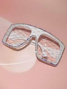 1pc Rhombus Glitter PC(Polycarbonate) Women's Rhinestone Trimmed Large Frame One-Piece Decorative Glasses Frame Hollow Mesh No Lens Party Photo Shoot Costume Accessory All Season - Multicolor - View 10