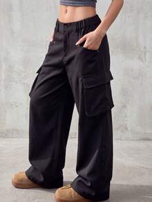 Knot & Curve Women's Cargo Pants, All-Season Wear, Semi-Elastic Waist, Large Patch Pockets With Rivet Button Decor, Loose Drape Casual Wide Leg Pants - Black - View 2