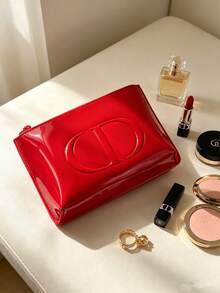 DIOR Red Glossy Patent Leather Makeup Bag, Embossed 3D CD Logo Clutch, Glossy PU Patent Leather Material, Storage For Makeup And Skincare Samples, Festive Atmosphere Small Bag - Red Patent Leather Bag - View 3