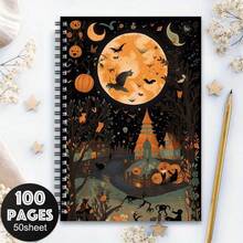 1pc Fall Bookshelf Spiral Notebook, Black Cat Pumpkin Journal For Work Note Taking, Gift For Book Lover, School Office Supplies - 1 Pack (50 Sheets/100 Pages) - View 5