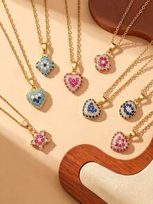 Gold Plated Colorful Zirconia Clover Heart Flower Oval Star Charm Necklaces, Dainty Sparkly Layerable Neck Jewelry For Women Daily Party Gift - Gold - View 1