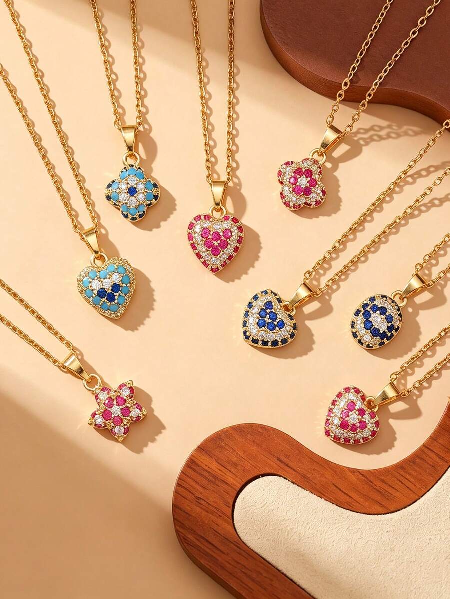 Gold Plated Colorful Zirconia Clover Heart Flower Oval Star Charm Necklaces, Dainty Sparkly Layerable Neck Jewelry For Women Daily Party Gift - Gold - View 1