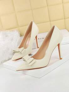 Korean Style Panne Velvet Bow Decor Pointed Toe Slip-On Stiletto Ultra High Heel Women's Shoes - White - View 3