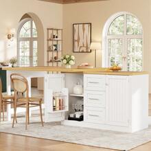 Extendable Sideboard & Table Combo, 120-180 Adjustable Dining Table With Storage, 3 Drawers & Snack Racks, Space-Saving Kitchen Island Small Flats, White/Antique Green - White + MDF - View 3