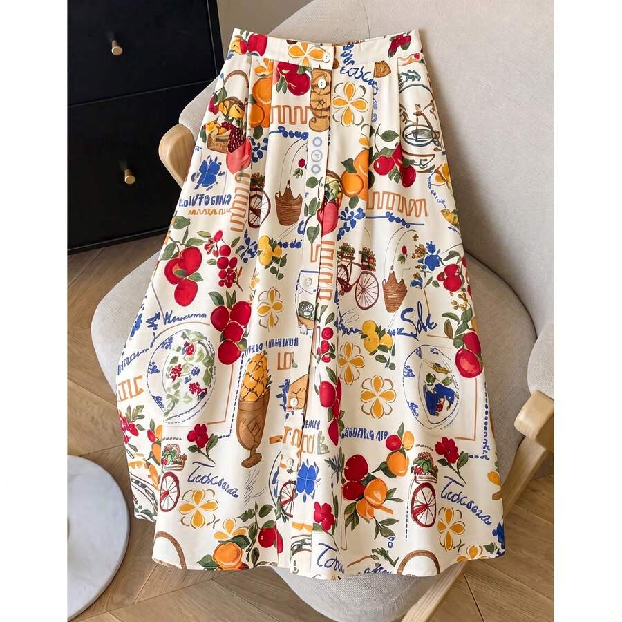 Plus Size Women's Fresh Fruit Print Skirt, High Waist Ruched Flare Skirt, Casual Vacation Style, Suitable For Spring And Summer - Multicolor - View 1