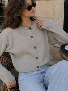 Women Gray Ribbed Knit Cardigan,Long Sleeve Button Front Crew Neck Sweater,Cozy Casual Vintage Fall Winter Top, Street Going Out Back To School Outfit - Camel - View 9