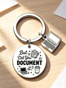 1 st/6 st/15 st/24 st rund nyckelring, "But Did You Record It?" med laptop-charm, rolig kontorshumor, tackgåva till socionomkollegor - Silver - Visa 4