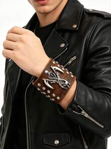 1pc Fashionable Personalized Hip Hop Punk Unisex PU Leather Bracelet, Street Dance Decor Wide Wristband With Double Knife, Hat, Skull Skeleton And Rivet Alloy Chain, Halloween Party Stage Performance Gift - Bracelet - View 4