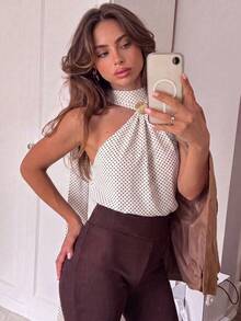 QIANZHIDU ELVA Women's Autumn Backless Small Stand Collar With Long Ribbon Sleeveless Polka Dot Tank Top, Suitable For Back To School Party, Date, Vacation, Commute - White - View 7