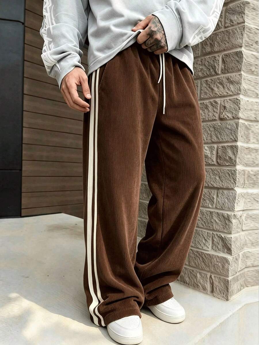 Men's Side 3-Stripe Corduroy Wide Leg Pants With Drawstring Elastic Waist, Retro Straight Leg Drape Casual Long Trousers - Brown - View 1