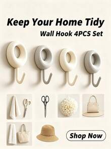 4pcs Self-Adhesive Wall Hooks, Drill-Free Waterproof No-Damage Sticky Hooks, Heavy Duty Hooks Suitable For Bathroom Kitchen Door Cabinet Towel Key Kitchen Utensils Storage, Neutral Home Decor - View 6