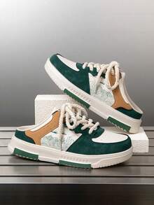Men's Versatile Retro Random Print Patchwork Thick Front Lace-Up Casual Sports Shoes, Minimalist Design Daily Wear Sports Comfortable Lightweight Slip-On Half-Back Men's Shoes - Rice Green - View 5