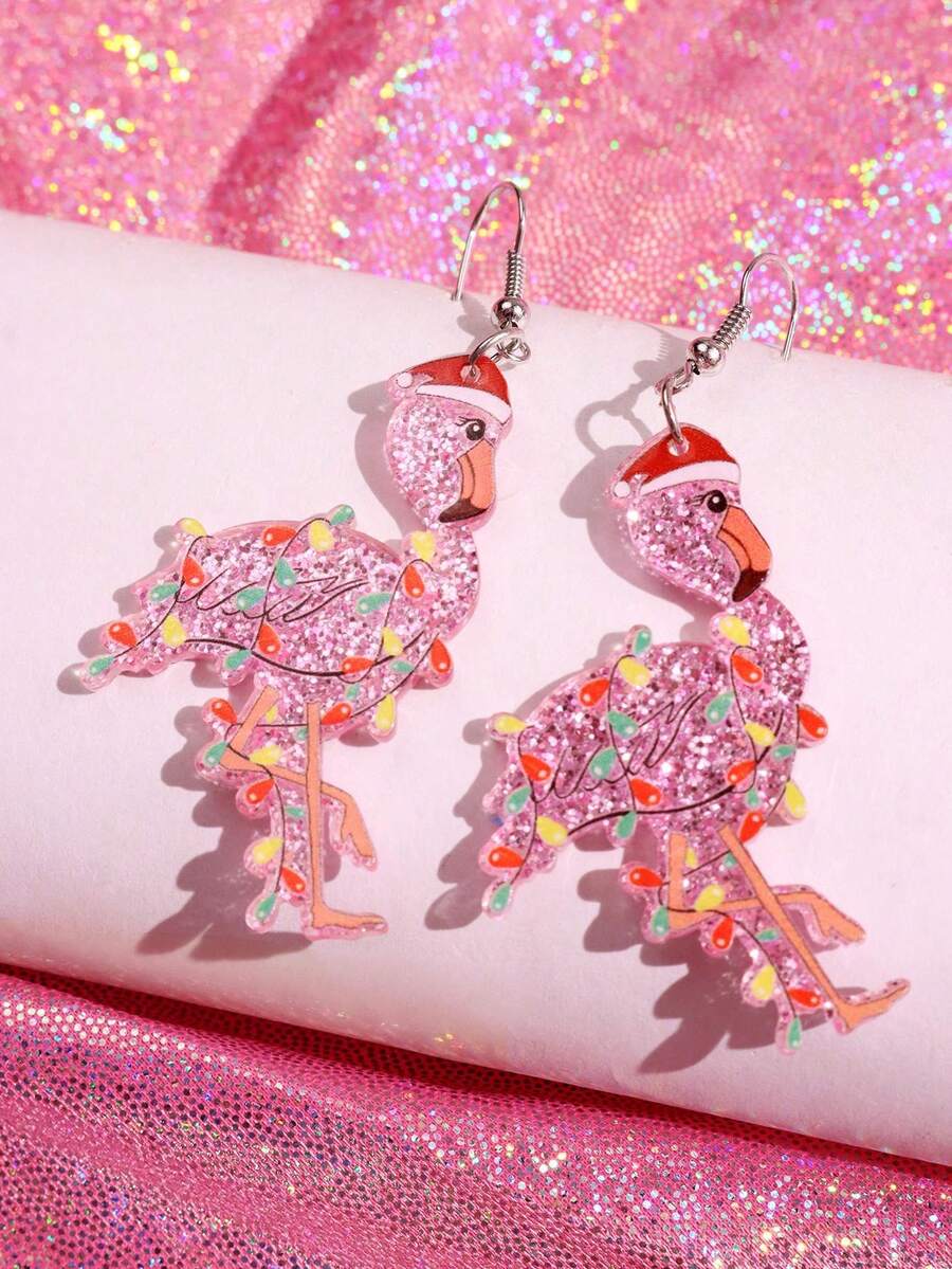 1 Pair Christmas Exquisite Fashion Personalized Cute Fun Unique Design Shiny Colorful Light Flamingo Acrylic Earrings, Women's Holiday Party Jewelry - Multicolor - View 1