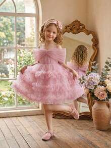Young Girls Spaghetti Strap Beaded Sequin Mesh Fluffy Princess Dress For Birthday Party And Wedding, Headband Not Included - Dusty Pink - View 2