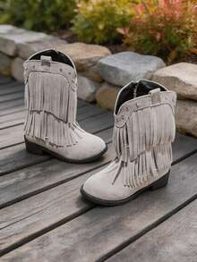 1 Pair Kids Vintage Western Cowboy Boots, Double Layer Fringe & Rivet Decor Mid-Calf Boots, Suitable For Holiday Parties, Daily Wear, Street Outings, Autumn/Winter - Grey - View 2