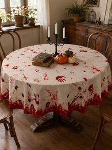 1pc Horror Bloody Handprint Halloween Polyester Tablecloth, Red Blood Splatter, Handprint & Scratch Print Rectangular Table Cover For Haunted House, Halloween Party And Spooky Table Decor - Multicolor - View 8