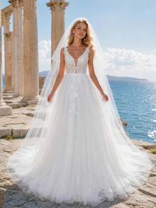 YOUKEFEIER Elegant Lace Embroidered Long Wedding Dress Suitable For Wedding Banquet With Cathedral Wedding Veil Bridal Long Veil - White - View 1