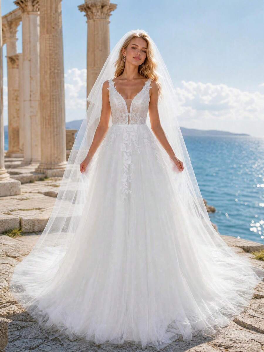 YOUKEFEIER Elegant Lace Embroidered Long Wedding Dress Suitable For Wedding Banquet With Cathedral Wedding Veil Bridal Long Veil - White - View 1