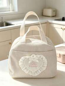 Lace Heart Corduroy Lunch Bag, Large Capacity Insulated Bento Bag, Student Lunch Box, Commuter Handbag - Beige - View 12