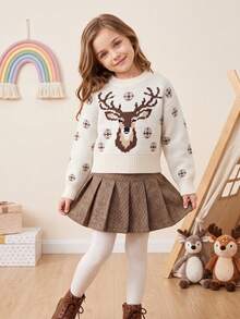 Sweater Anak Perempuan, Pullover Rajut Motif Rusa Kutub dan Kepingan Salju untuk Remaja Perempuan, Atasan Nyaman Lengan Panjang Kerah Bulat untuk Pakaian Musim Gugur, Musim Dingin, Liburan & Natal - MultiWarna - View 1