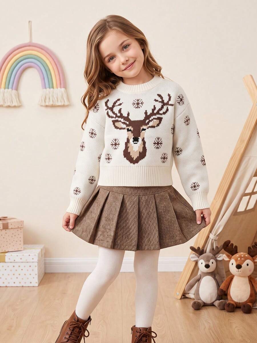 Sweater Anak Perempuan, Pullover Rajut Motif Rusa Kutub dan Kepingan Salju untuk Remaja Perempuan, Atasan Nyaman Lengan Panjang Kerah Bulat untuk Pakaian Musim Gugur, Musim Dingin, Liburan & Natal - MultiWarna - View 1