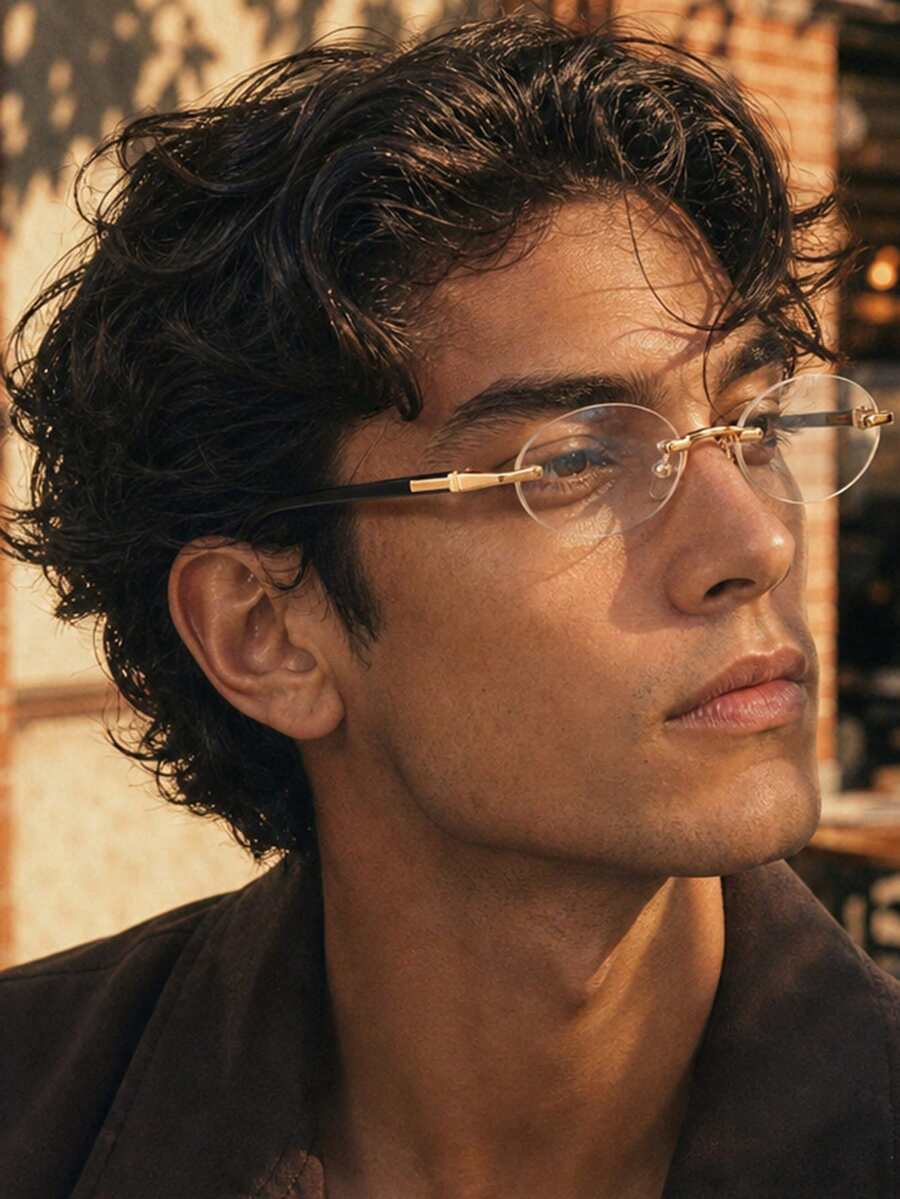 1 Pair Men's Oval Rimless Clear Lens Glasses, Vintage Elegant Sophisticated Low-Key Luxurious Fashion Eyewear, Suitable For Cafe Leisure, Street Exploration, Daily Commute