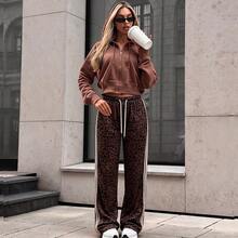 ROSIE POPHUB Women Leopard Print Elastic Waist Drawstring Straight Leg Pants Side Striped Casual Streetwear Christmas Bottoms For Fall Winter - Multicolor - View 9