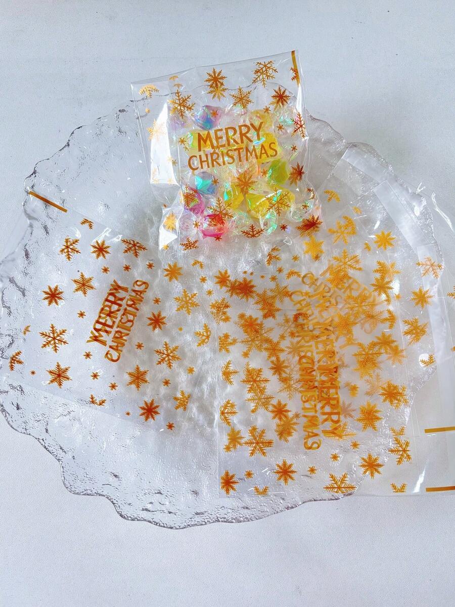 100pcs Gold Snowflake & Five-Pointed Star Pattern Gift Packaging OPP Self-Sealing Bags, Merry Christmas Printed Christmas Theme Party Transparent Packaging Bags, Suitable For Theme Party Event Promotion Gift Decoration Bags - E-Gold - View 1