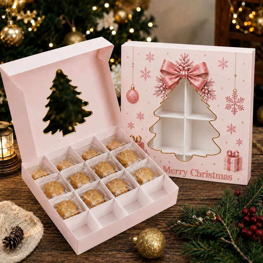 4pcs/1pc Christmas Paper Treat Boxes With Cutout Window, Xmas Santa Reindeer Snowflake Bell Tree Pattern Gift Box, Merry Christmas Holiday Party Packaging Box For Baking Favors - Multicolor - View 1