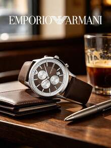Armani Men's Renato Series Quartz Chronograph Watch, Brown Dial, Genuine Brown Leather Strap, 50m Water Resistant, Date Display, AR11490 - Silver - View 2