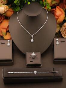 1 Set Luxury Elegant Sparkling Cubic Zirconia Teardrop Design Jewelry Set Suitable For Women's Wedding And Banquet Wear - Silver - View 2