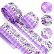 5 Yards Purple Series Ribbon Adorned With Flower Plaid Pattern, Width 32mm/1.26-Inch, Two Ribbon Equipped With White Center Hook Edge, Ideal For Showcasing Jewelry And Wrapping Gifts, Creating Bows, Holiday Decorations - Floral + Plaid - View 6