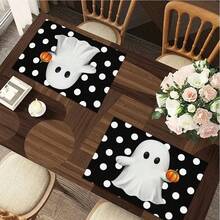 1/4/6pcs Alas Meja Seri Halloween Motif Polkadot Hitam Putih Hantu & Lucu, Alas Meja Tahan Panas untuk Melindungi Meja Dapur/Makan di Rumah, Dekorasi Pesta - MultiWarna - View 7