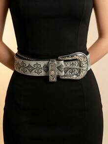 APLCSEY Women's Vintage Western Style Belt, Silver Buckle Rivet Decor Fashion Belt, Suitable For Jeans And Dresses. - Grey - View 3