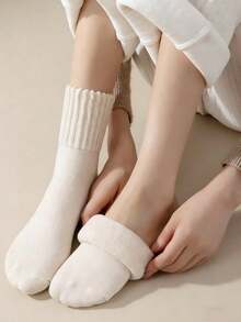1/5/10 Pairs Women's Ribbed Mid-Calf Socks With Terry Lining, Thick Terry Knit Mid-Calf Socks, Solid Earth Tone Everyday Socks - Multicolor - View 3