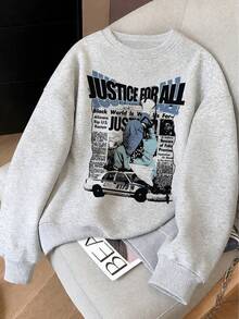 Retro Newspaper Poster Graphic Print Sweatshirt For Women, Casual Loose Fit Crew Neck Pullover, Versatile Lazy Style Autumn/Winter Top - White-gray - View 2