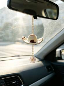 Vintage Denim Hat Car Rearview Mirror Hanging Ornament, Alloy Daisy Pendant Car Interior Decoration For Men And Women - Cowboy Hat + Daisy - View 9