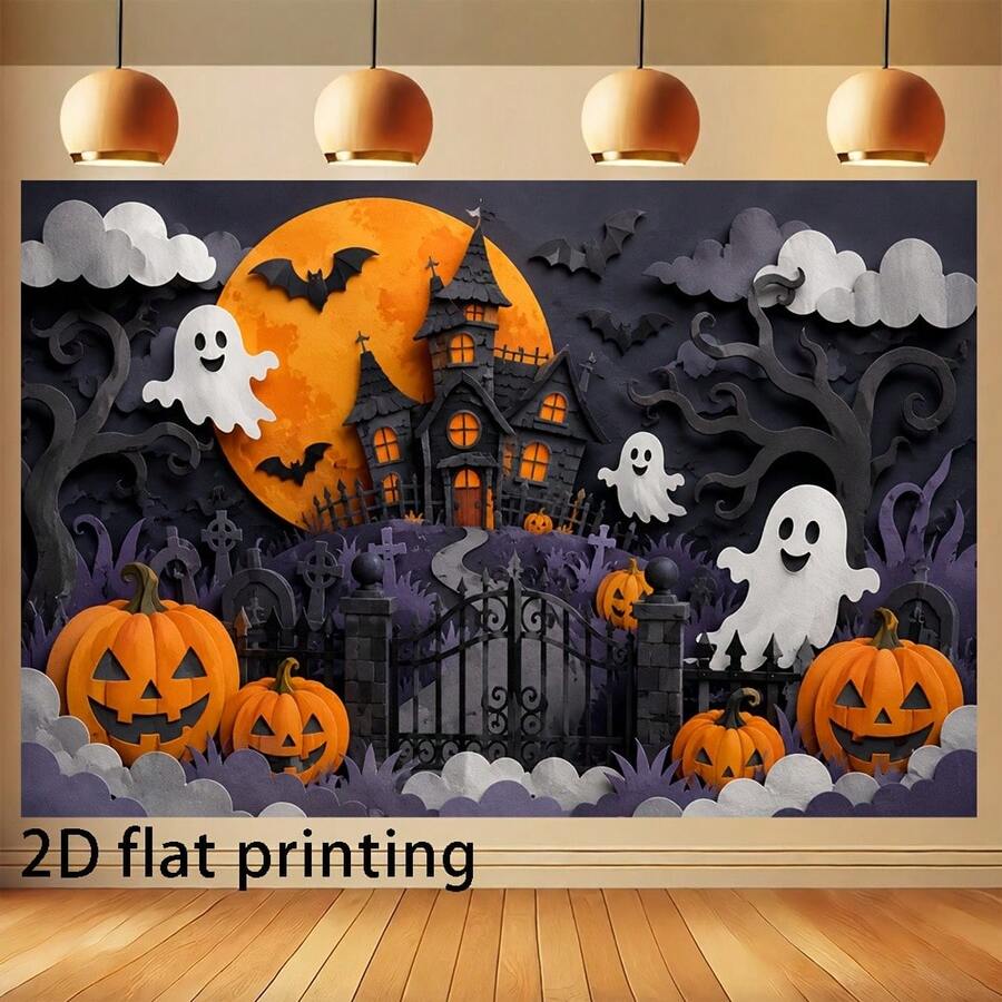 Two-Dimensional Plane Halloween Paper-Cut Haunted House Pumpkin Pattern Banner, Halloween Theme Banner, Photographic Background, Suitable For Haunted House Decoration Photo Booth Props Party Decoration Banner. - 1 - View 1