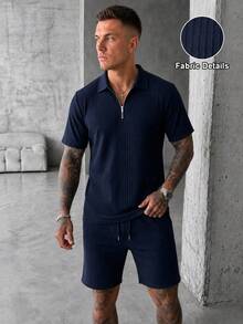 YUNCHIC Old Money Style Textured Ribbed Half-Zip Polo Set Men's Navy Blue Lightweight Breathable Casual Short Sleeve Shirt And Shorts 2-Piece Set - Navy Blue - View 1