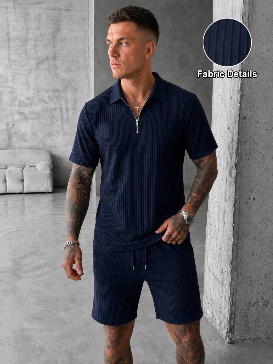 YUNCHIC Old Money Style Textured Ribbed Half-Zip Polo Set Men's Navy Blue Lightweight Breathable Casual Short Sleeve Shirt And Shorts 2-Piece Set - Navy Blue - View 1